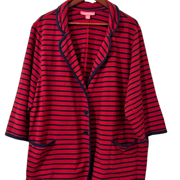 Woman Within Cardigan 1X Red and Blue Striped 3 Button 3/4 Sleeve - Picture 4 of 12
